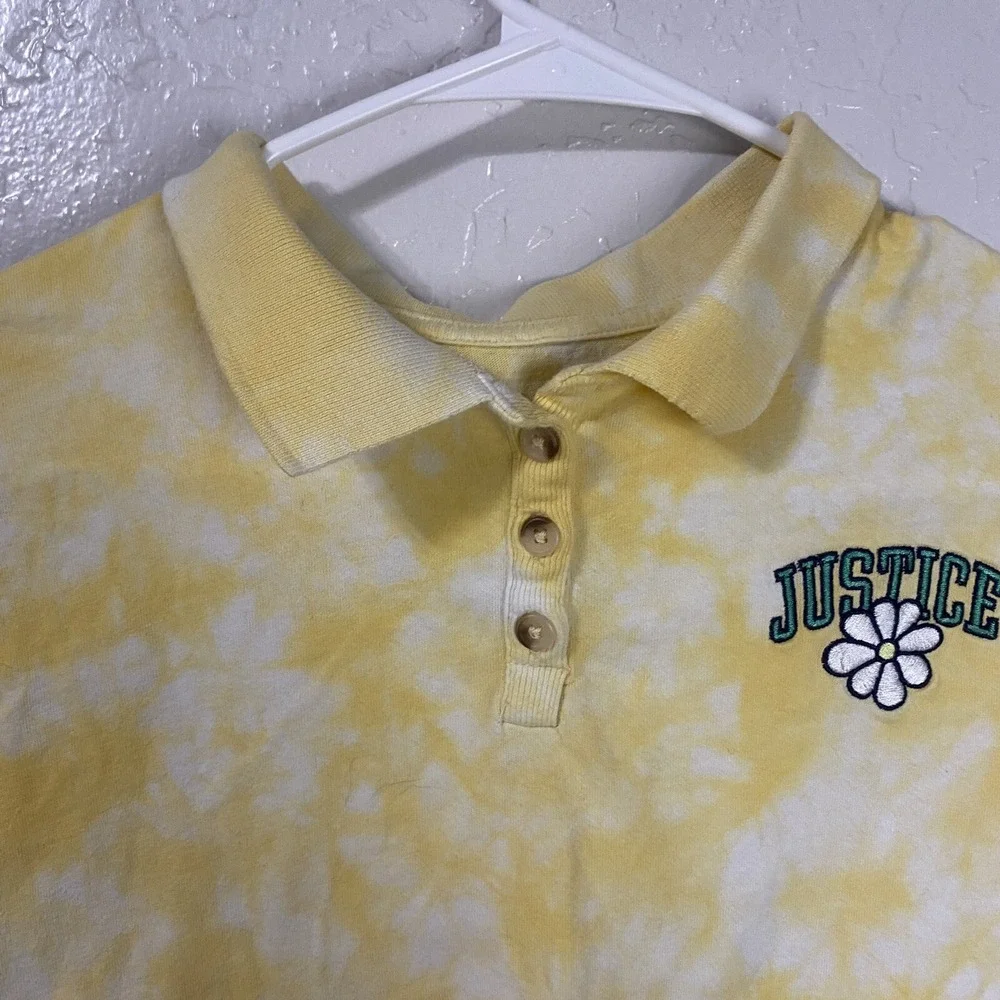 Justice Girls Yellow Tie Dye Crop Polo Shirt Daisy Logo Short Sleeve Top
